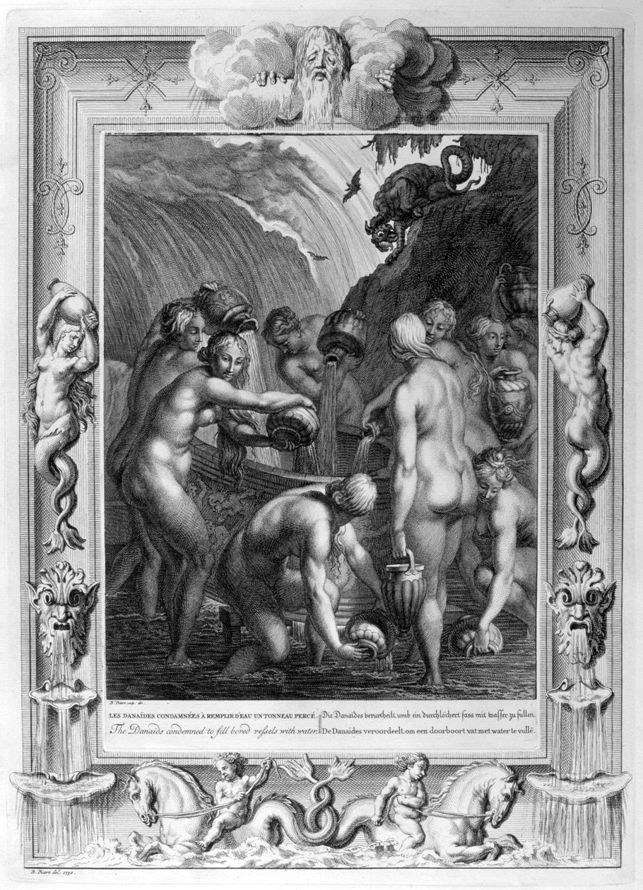 Danaidit tuomittiin täyttämään tylsät astiat vedellä, 1733 tekijältä Bernard Picart