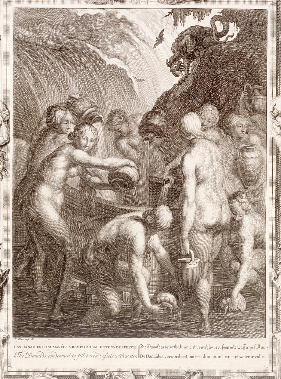 Danaidit, jotka on tuomittu täyttämään tylsiä aluksia vedellä, 1730 tekijältä Bernard Picart