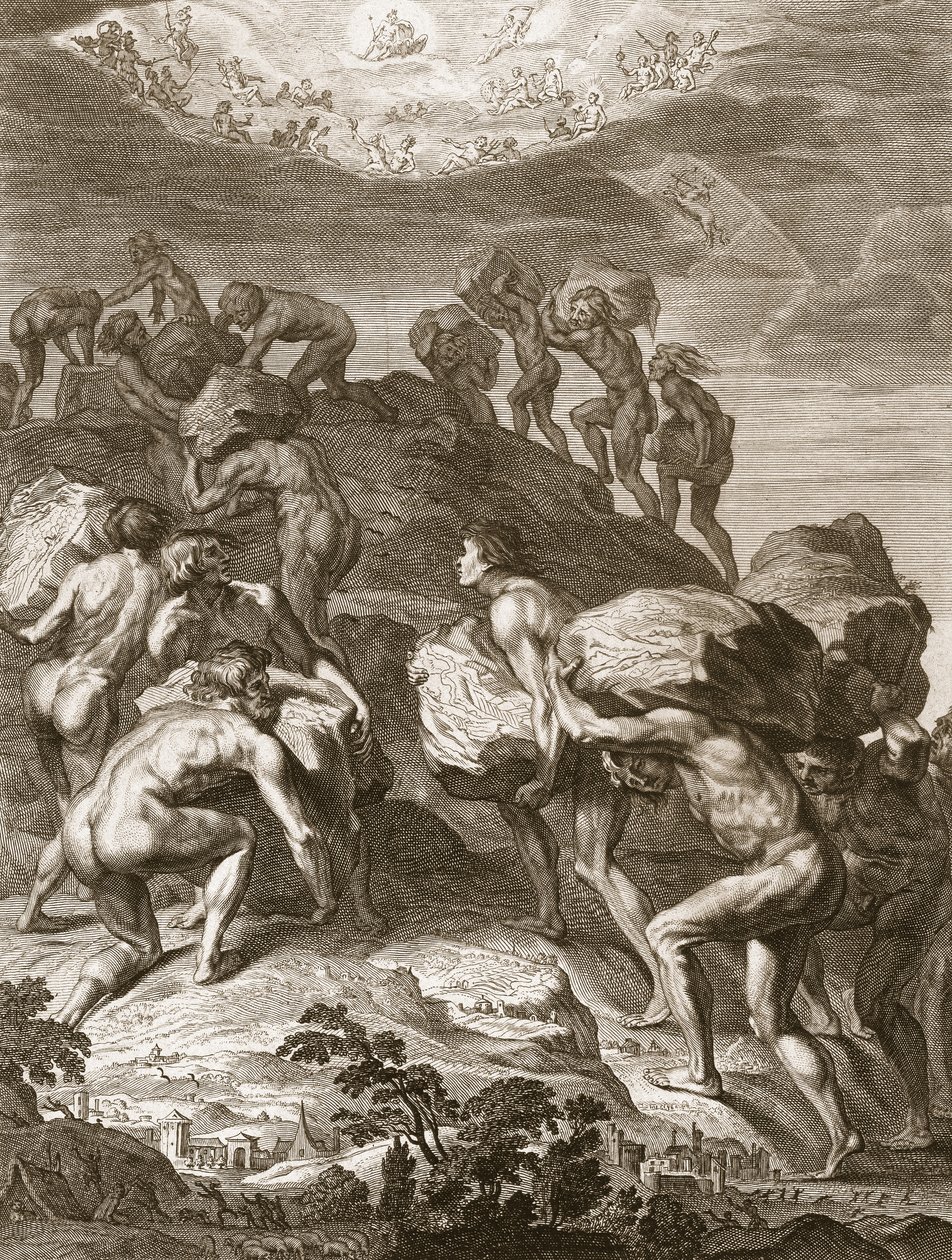 Jättiläiset yrittävät kiivetä taivaaseen kasaamalla vuoria toistensa päälle, 1731. tekijältä Bernard Picart