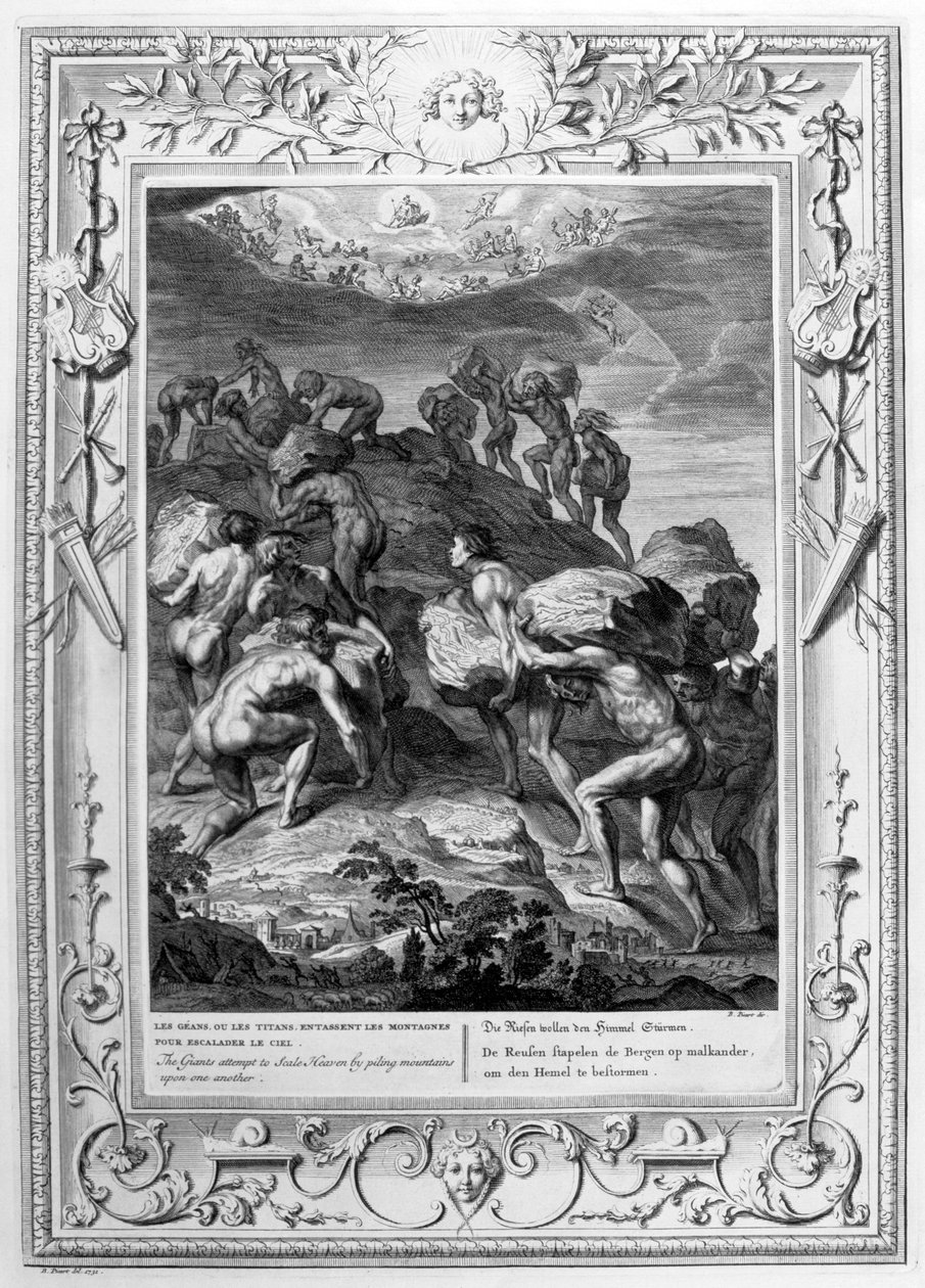 Jättiläiset yrittävät laajentaa taivasta kasaamalla vuoria toistensa päälle, 1733 tekijältä Bernard Picart
