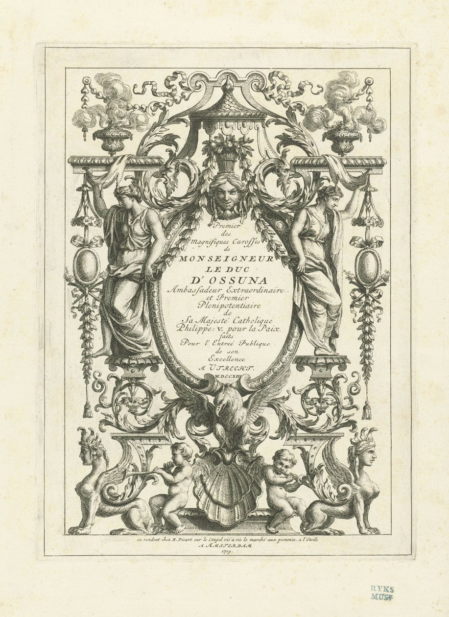 Otsikkokuva Ossunan herttuan valtiovaunuja esittävään kuvalaattojen sarjaan, 1713 tekijältä Bernard Picart