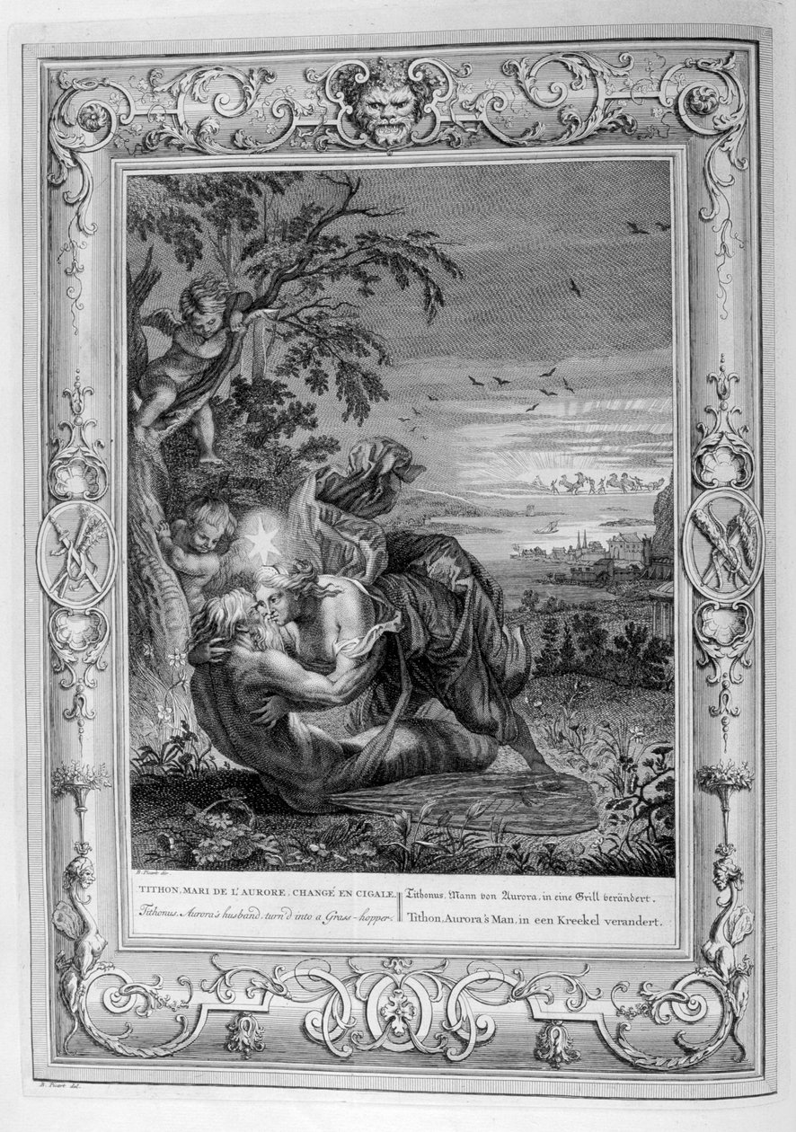 Tithonus, Auroran aviomies, muuttui heinäsirkkaksi, 1733 tekijältä Bernard Picart
