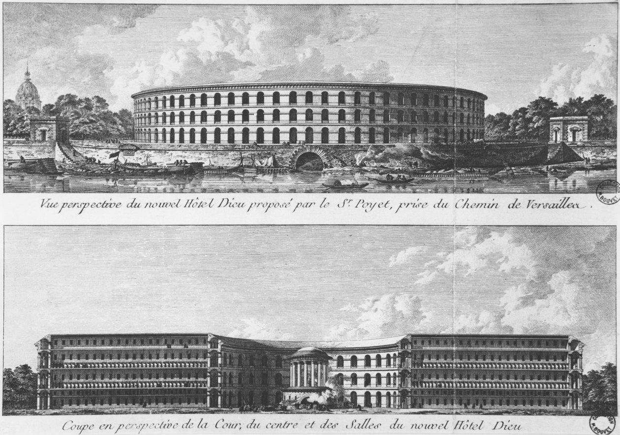 Hanke uuden Hotel-Dieun siirtoa varten Ile aux Cygnesissa, Pariisissa, n. 1787 (bw kuva) tekijältä Bernard Poyet