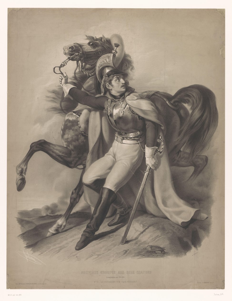 Cussier hevosensa vieressä Le cuirassier (otsikko esineessä) Uusia litografioita kahdella liidulla (sarjan nimi) Nouveaux-ryhmät aux deux värikynät (sarjan nimi esineessä) tekijältä Bernard Romain Julien