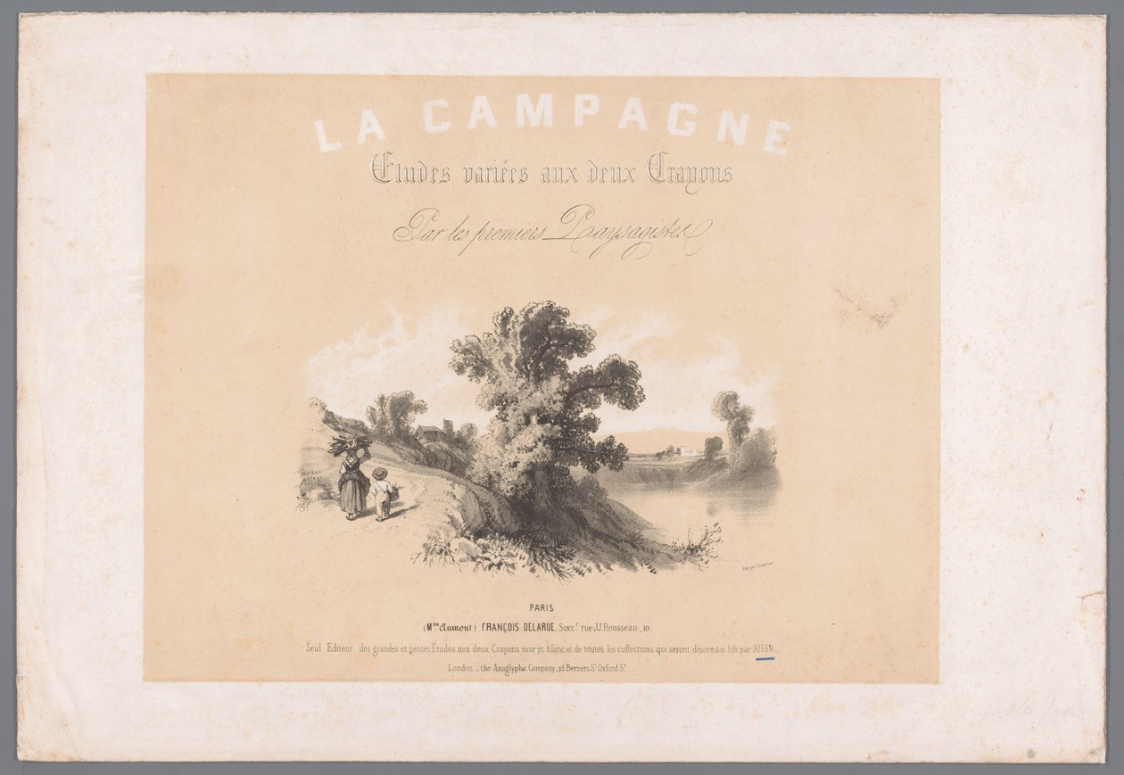 Kansi kuudelle maalaiselämää kuvaavalle printille La kampanja. Etudes varieés aux deux Crayons par les premiers Paysagistes (otsikko esineessä) Maaseutuelämän kuvaukset (sarjan nimi) La kampanja. Etudit vaihtelevat tekijältä Bernard Romain Julien