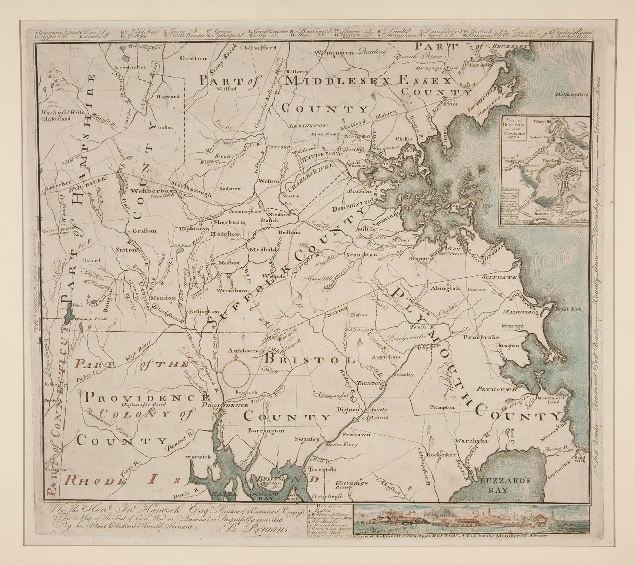 Bostonin ja ympäristön kartta, n. 1775 tekijältä Bernard Romans