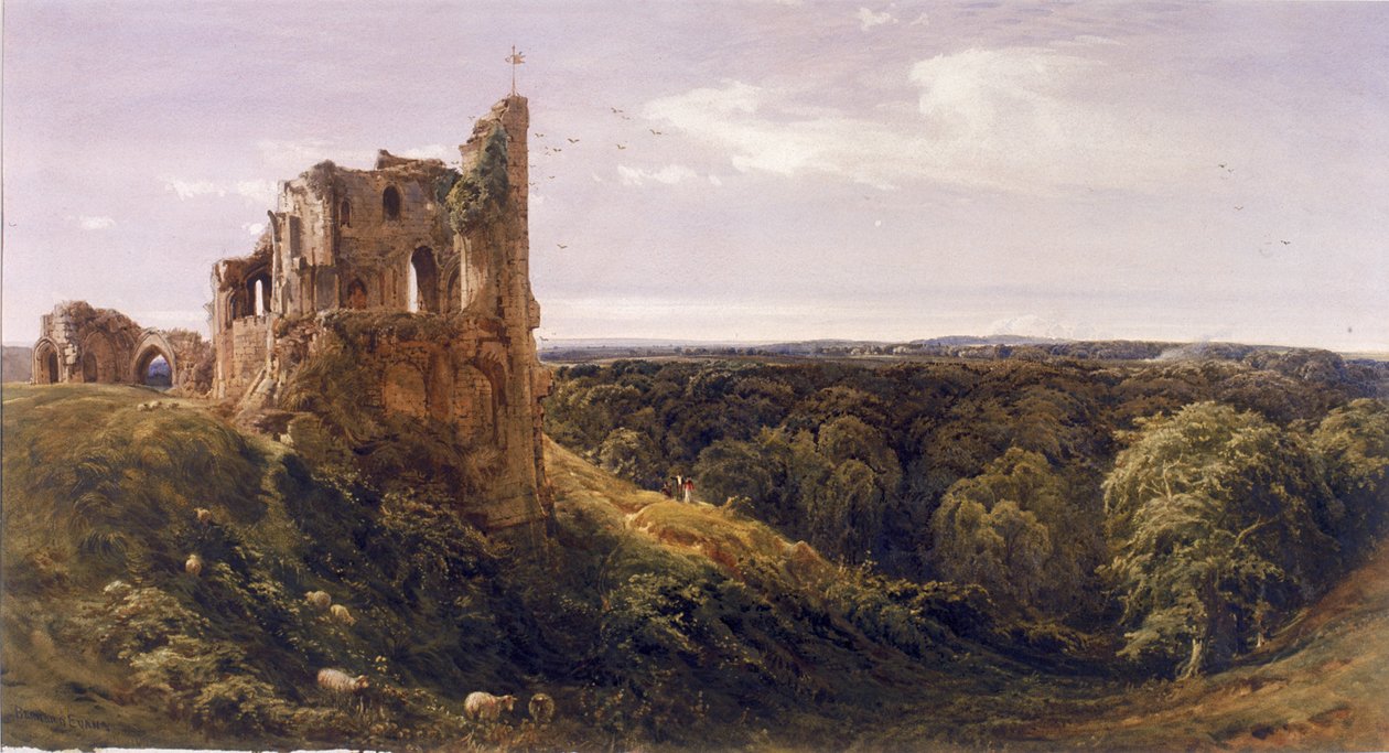 Raunioitu linna maisemassa (Knaresborough Castle) (akvarelli paperille) tekijältä Bernard Walter Evans