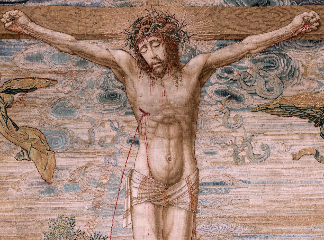 Flanderin kuvakudos. Kaarle V:n sarja Dais (Itävallan Margaretan baldakin). Armon Kristus (Cristo de la Misericordia). Seinäpaneelin takana. Malli Bernard van Orley (1491-1542). Valmistus Pieter de Pannemaker, Bryssel. 1518-1524. Kangas G tekijältä Bernard van Orley