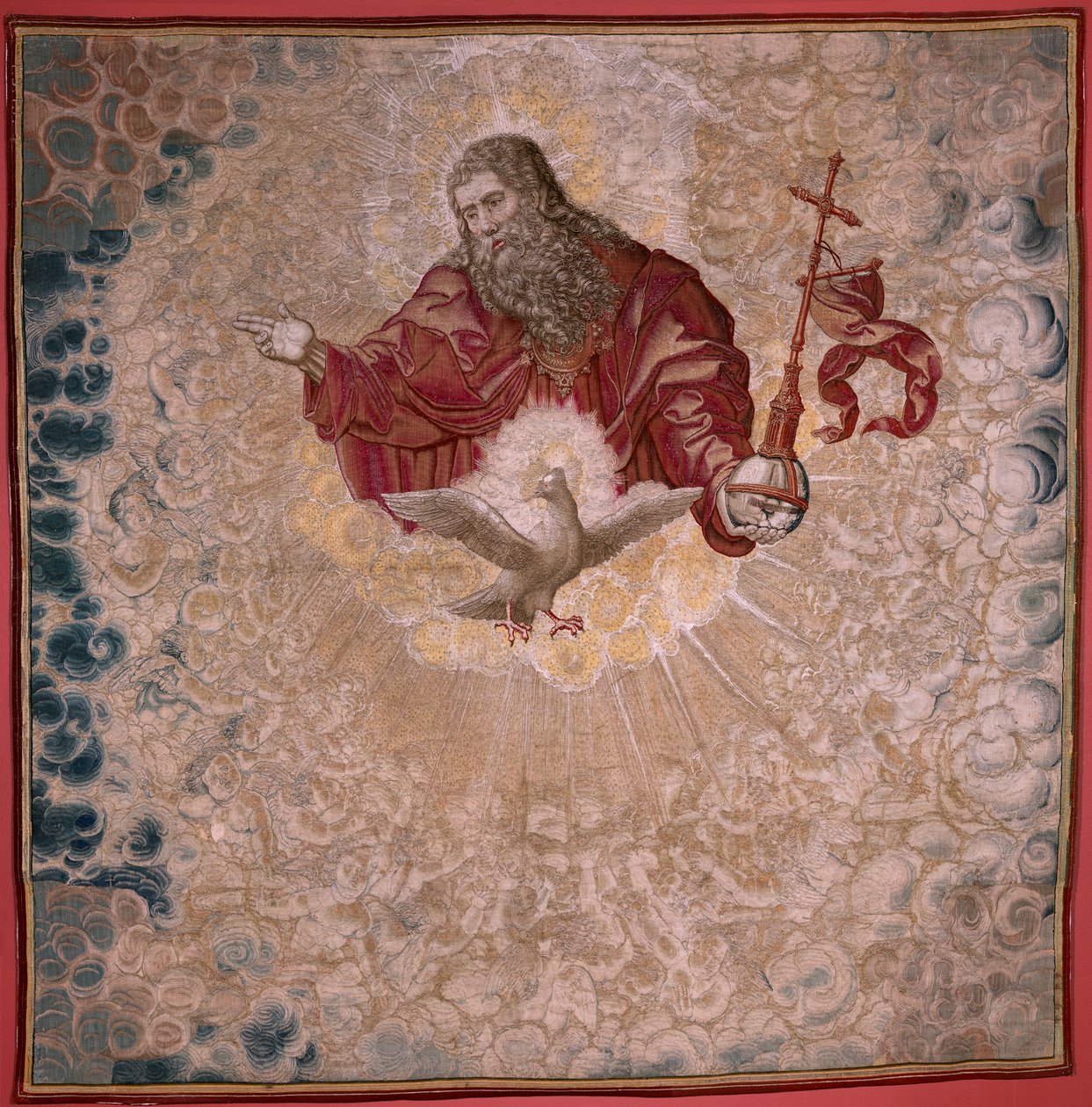 Flanderin kuvakudos. Kaarle V:n sarja Dais (Itävallan Margaretan baldakin). Isä Jumala ja Pyhä Henki (El Padre Eterno y el Espíritu Santo). Tapetti baldachin ja päivänkakkara. Malli Bernard van Orley (1491-1542). Valmistus Pieter de Pannemaker, tekijältä Bernard van Orley