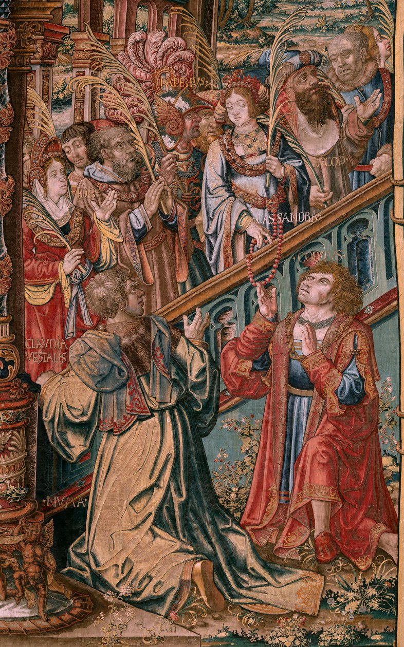 Flanderin kuvakudos. Sarja The Honours. Usko (La Fe). Ensimmäinen kuvakudos sarjassa. Mallisarjakuvapiirtäjät Bernard van Orleyn ja Jan Gossaertin (Mabuse) piiristä. Valmistus Pieter van Aelst, Bryssel. Noin 1550. Kangas Kulta, hopea, silkki ja villa. tekijältä Bernard van Orley