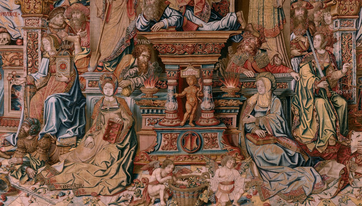 Flanderin kuvakudos. Sarja The Honours. Usko (La Fe). Ensimmäinen kuvakudos sarjassa. Mallisarjakuvapiirtäjät Bernard van Orleyn ja Jan Gossaertin (Mabuse) piiristä. Valmistus Pieter van Aelst, Bryssel. Noin 1550. Kangas Kulta, hopea, silkki ja villa. tekijältä Bernard van Orley
