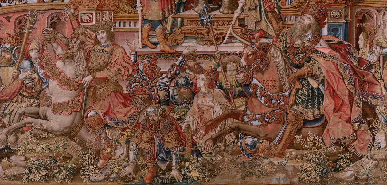 Flanderin kuvakudos. Sarja The Honours. Fame (La Fama). Sarjan kolmas kuvakudos. Mallisarjakuvapiirtäjät Bernard van Orleyn ja Jan Gossaertin (Mabuse) piiristä. Valmistus Pieter van Aelst, Bryssel. Noin 1550. Kangas Kulta, hopea, silkki ja villa. tekijältä Bernard van Orley
