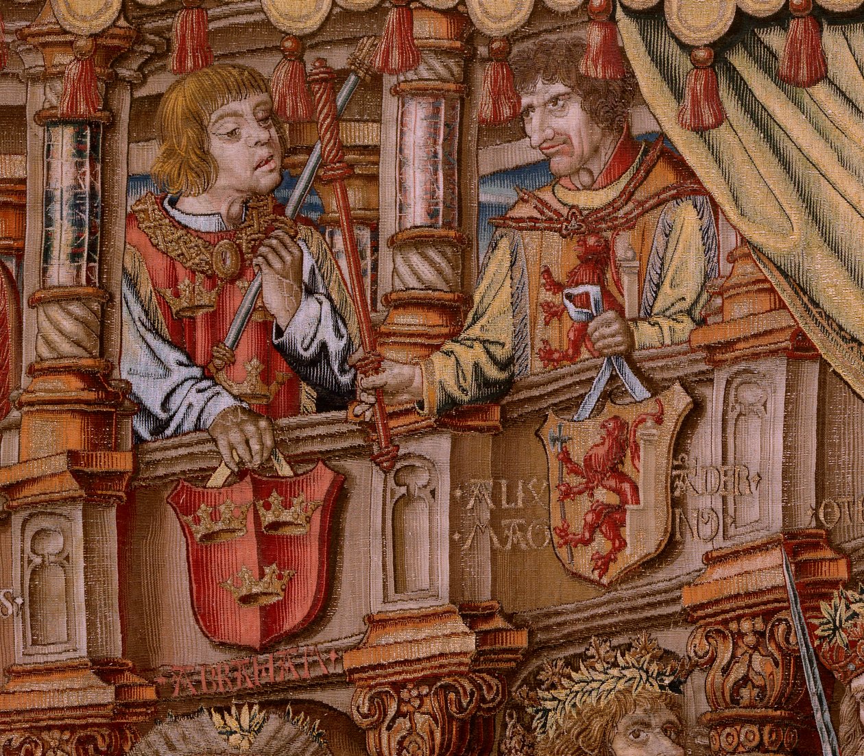 Flanderin kuvakudos. Sarja The Honours. Honor (El Honor). Sarjan toinen kuvakudos. Mallisarjakuvapiirtäjät Bernard van Orleyn ja Jan Gossaertin (Mabuse) piiristä. Valmistus Pieter van Aelst, Bryssel. Noin 1550. Kangas Kulta, hopea, silkki ja villa. tekijältä Bernard van Orley