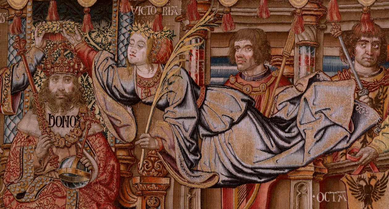 Flanderin kuvakudos. Sarja The Honours. Honor (El Honor). Sarjan toinen kuvakudos. Mallisarjakuvapiirtäjät Bernard van Orleyn ja Jan Gossaertin (Mabuse) piiristä. Valmistus Pieter van Aelst, Bryssel. Noin 1550. Kangas Kulta, hopea, silkki ja villa. tekijältä Bernard van Orley
