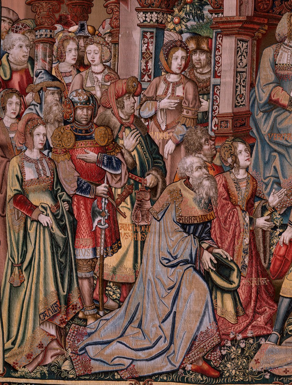 Flanderin kuvakudos. Sarja The Honours. Oikeus (La Justicia, Los Honores). Sarjan yhdeksäs kuvakudos. Mallisarjakuvapiirtäjät Bernard van Orleyn ja Jan Gossaertin (Mabuse) piiristä. Valmistus Pieter van Aelst, Bryssel. Noin 1550. Kangas Kulta, hopea, tekijältä Bernard van Orley