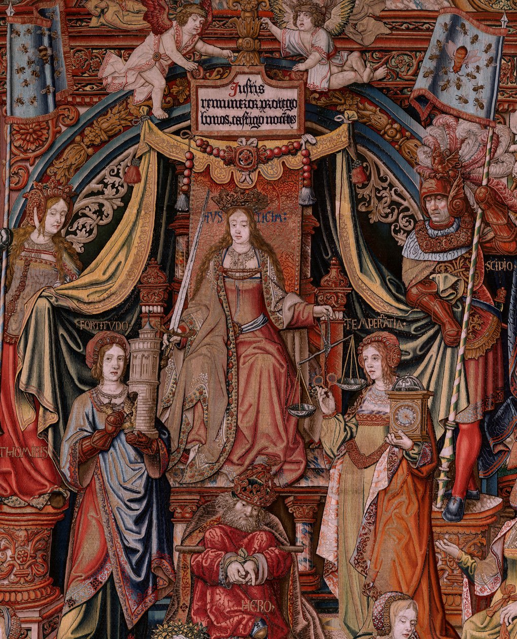Flanderin kuvakudos. Sarja The Honours. Oikeus (La Justicia, Los Honores). Sarjan yhdeksäs kuvakudos. Mallisarjakuvapiirtäjät Bernard van Orleyn ja Jan Gossaertin (Mabuse) piiristä. Valmistus Pieter van Aelst, Bryssel. Noin 1550. Kangas Kulta, hopea, tekijältä Bernard van Orley