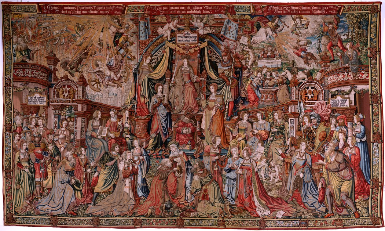 Tapís flamenc. Sèrie Els Honors. Justícia (La Justicia, Los Honores). Novè tapís de la sèrie. Dibuixants models del cercle de Bernard van Orley i Jan Gossaert (Mabuse). Manufactura Pieter van Aelst, Brussel·les. Ca 1550. Tela Or, plata, finlandès tekijältä Bernard van Orley