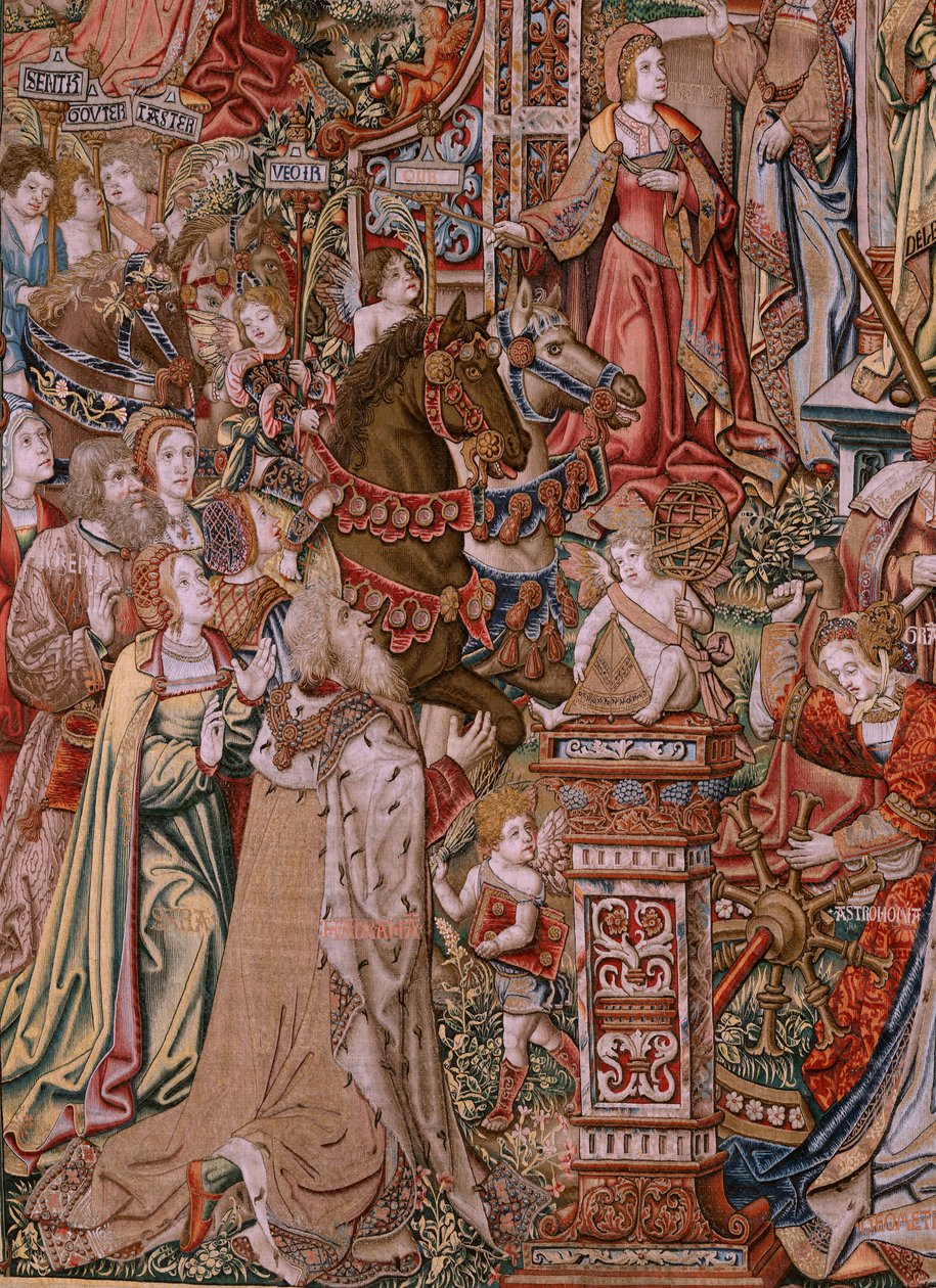 Tapís flamenc. Sèrie Els Honors; Prudència (La Prudencia).Setè tapís de la sèrie. Dibuixants models del cercle de Bernard van Orley i Jan Gossaert (Mabuse). Manufactura Pieter van Aelst, Brussel·les. Ca 1550. Tela Or, plata, seda i acabat tekijältä Bernard van Orley