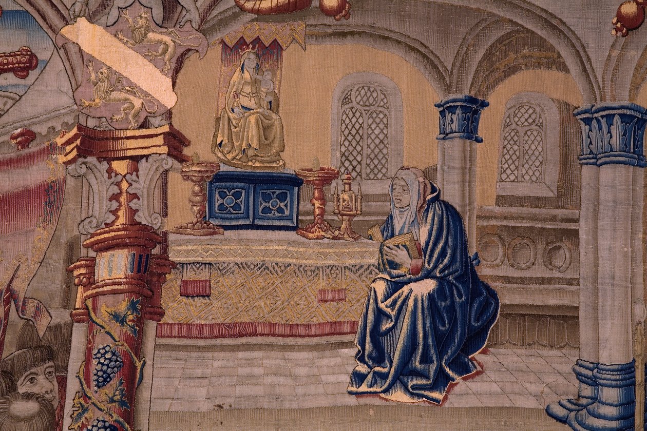 Flanderin kuvakudos. Sarja The Legend of the Madonna of the Sablon (The Legend of Our Lady of the Sablon). Madonnan patsaan saapuminen. Brysselin valmistus. Sarjakuvapiirtäjä Barend van Orley tekijältä Bernard van Orley