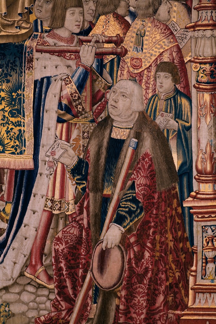 Flanderin kuvakudos. Sarja The Legend of the Madonna of the Sablon (The Legend of Our Lady of the Sablon). Madonnan patsaan saapuminen. Brysselin valmistus. Sarjakuvapiirtäjä Barend van Orley tekijältä Bernard van Orley