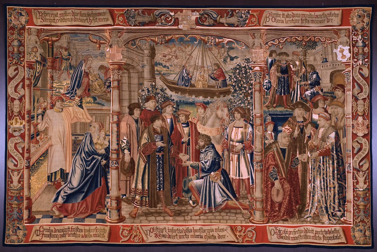Flanderin kuvakudos. Sarja The Legend of the Madonna of the Sablon (The Legend of Our Lady of the Sablon). Madonnan patsas tulee Sablonin kirkkoon (Neitsyt Marian patsas viedään Sablonin kirkkoon, La Estatua de tekijältä Bernard van Orley