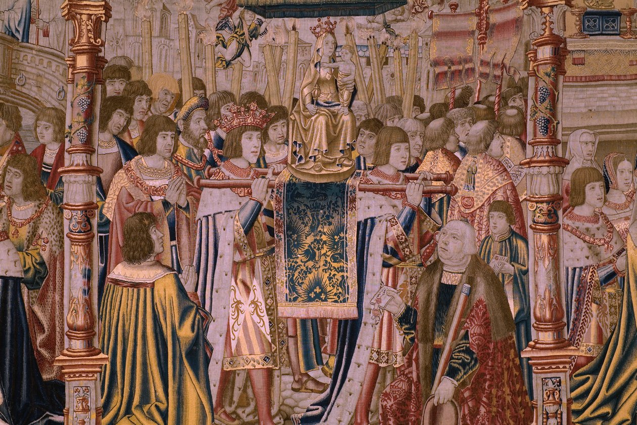 Flanderin kuvakudos. Sarja The Legend of the Madonna of the Sablon (The Legend of Our Lady of the Sablon). Madonnan patsaan saapuminen. Brysselin valmistus. Sarjakuvapiirtäjä Barend van Orley tekijältä Bernard van Orley