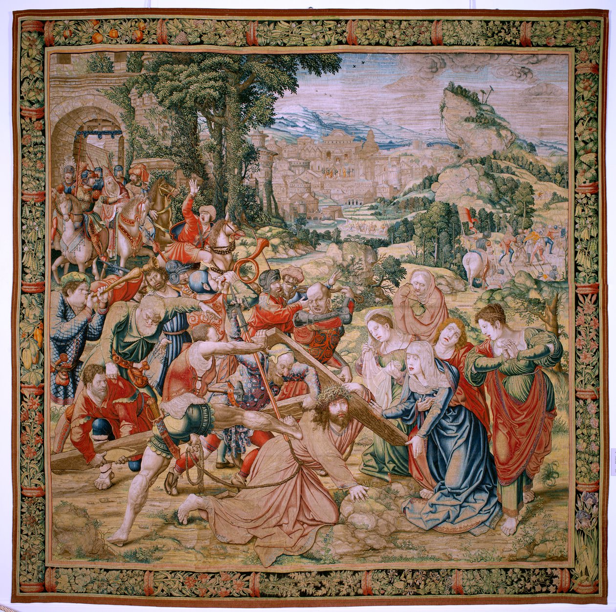 Flanderin kuvakudos. Sarja Kristuksen kärsimys. Pudota matkalla Golgatalle (Caída en el camino del Calvario). Sarjan toinen kuvakudos. Mallit Sarjakuvapiirtäjä Bernard van Orley. Valmistus Pieter de Pannemaker, Bryssel. Noin 1518-1523. Kangas Kulta, hopea, tekijältä Bernard van Orley