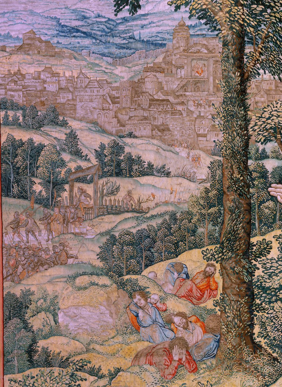 Flanderin kuvakudos. Sarja Kristuksen intohimo. Kristus Öljymäellä. Valmistus Pieter de Pannemaeker, Bryssel. Sarjakuvapiirtäjä Barend van Orley. noin 1518-1522. tekijältä Bernard van Orley