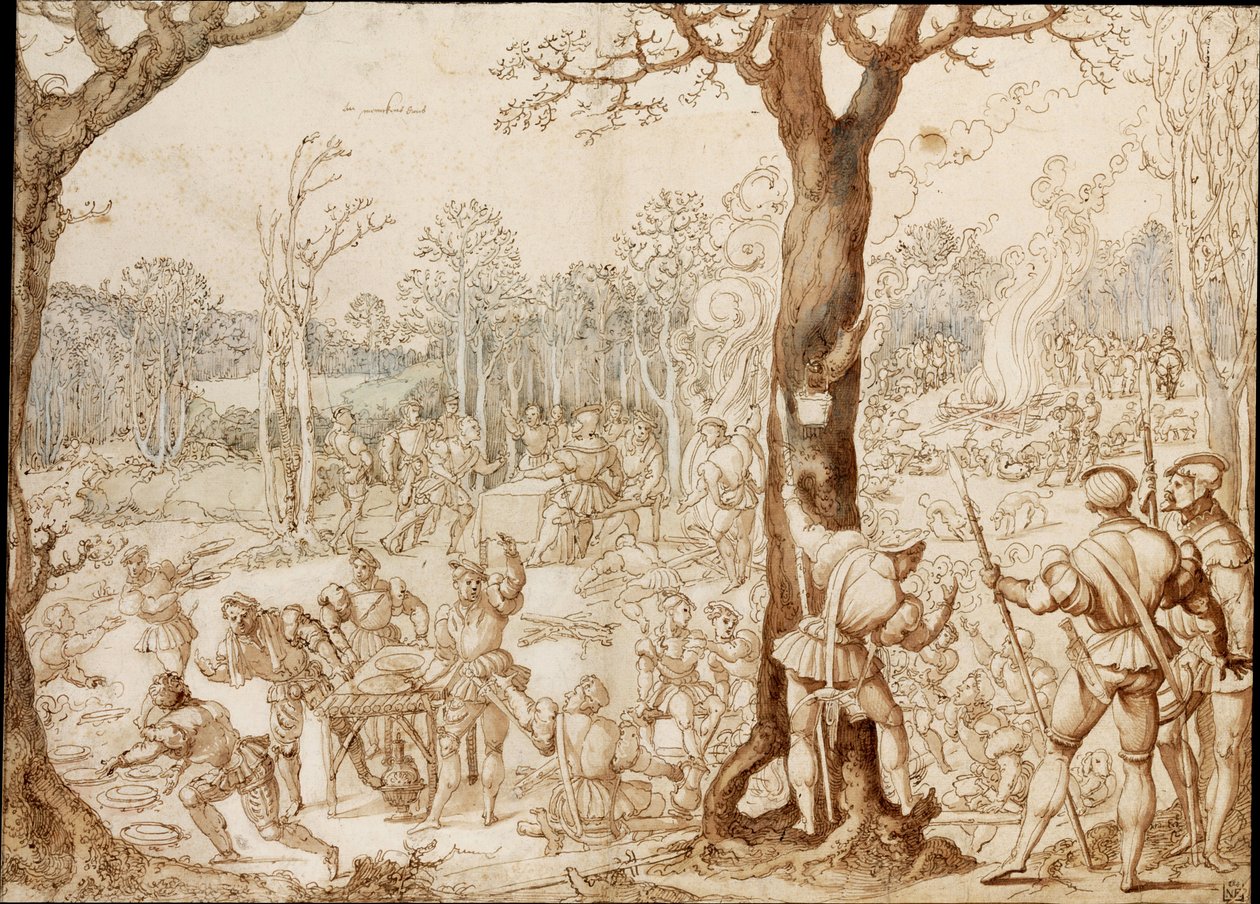 Pelin jakaminen (juhlakohtaus metsässä, metsästyspäivän aikana) - Bernaert van Orleyn (1488-1541) työ (Barend, Barent, Bernard van Brussel), muste paperille (37 ,6x57,7) tekijältä Bernard van Orley