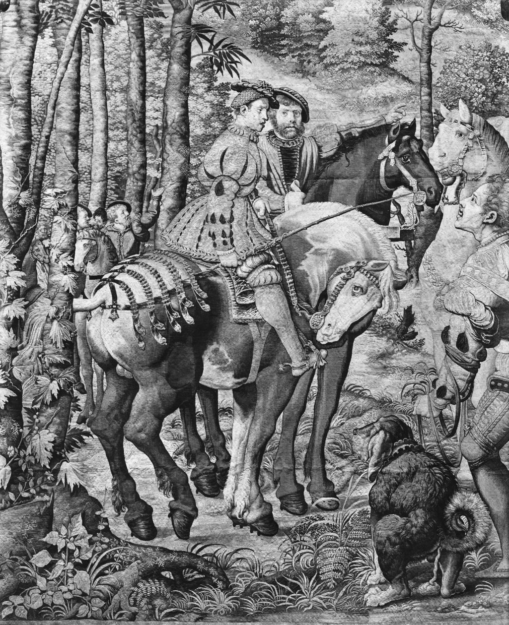 Maximilianin metsästys, Leo, Hirvenmetsästys, Raportti, Gobelins Factory (kuvakudos) tekijältä Bernard van Orley
