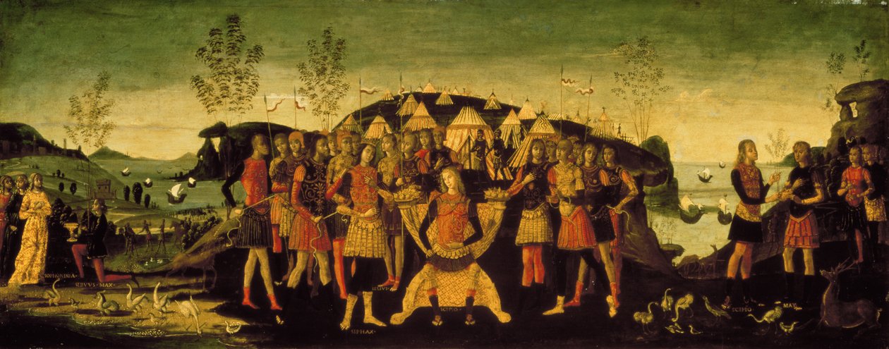 Scipio Africanus (237-183 eKr.), roomalainen kenraali, vangitun numidialaisen prinssin Sphaxin kanssa, jonka vaimo Sophonisba, karthagolainen aatelisnainen, seisoo vasemmalla, n. 1490 tekijältä Bernardino Fungai