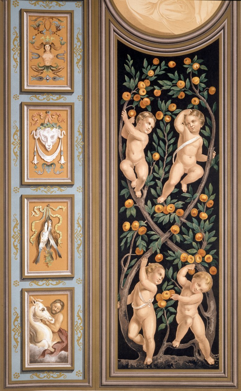 Amoreiden fresko St. Ambrogion kirkosta Milanosta, Lois Grunerin "palatseista ja kirkoista Italiassa, maalattu freskolla tai stukkolla XVI vuosisadalla", julkaistu Lontoossa 1844-45 tekijältä Bernardino Luini