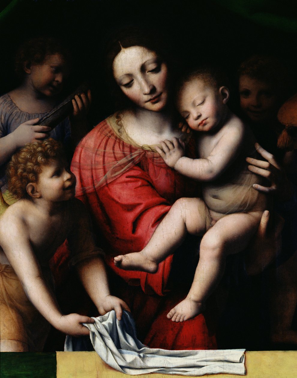 Nukkuva Jeesus eli Madonna pitelemässä nukkuvaa lasta kolmen enkelin seurassa, 1532 tekijältä Bernardino Luini