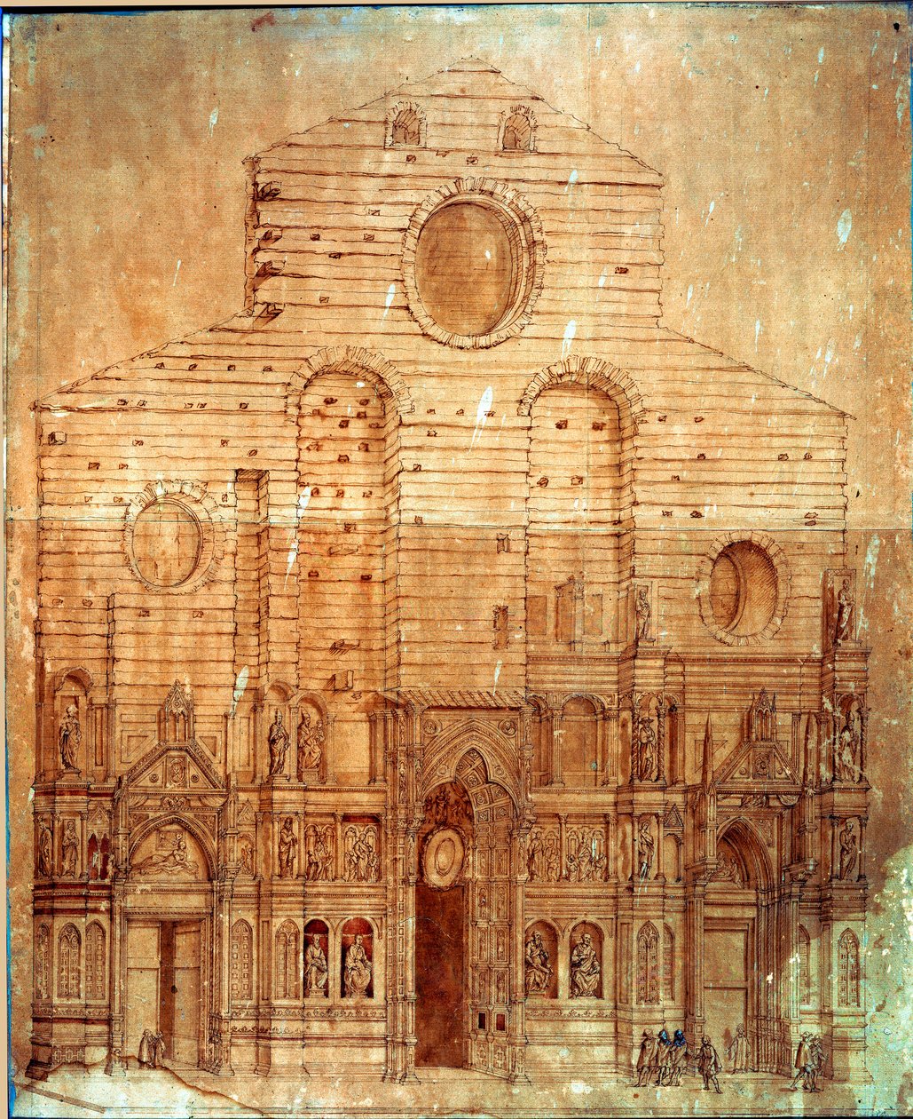 Firenzen katedraalin (duomo) julkisivu. Piirustus kynällä ja verellä Bernardino Poccetti (Bernardino Barbatelli) (1548-1612) Dim. 101x58 cm Firenze, Museo del 
