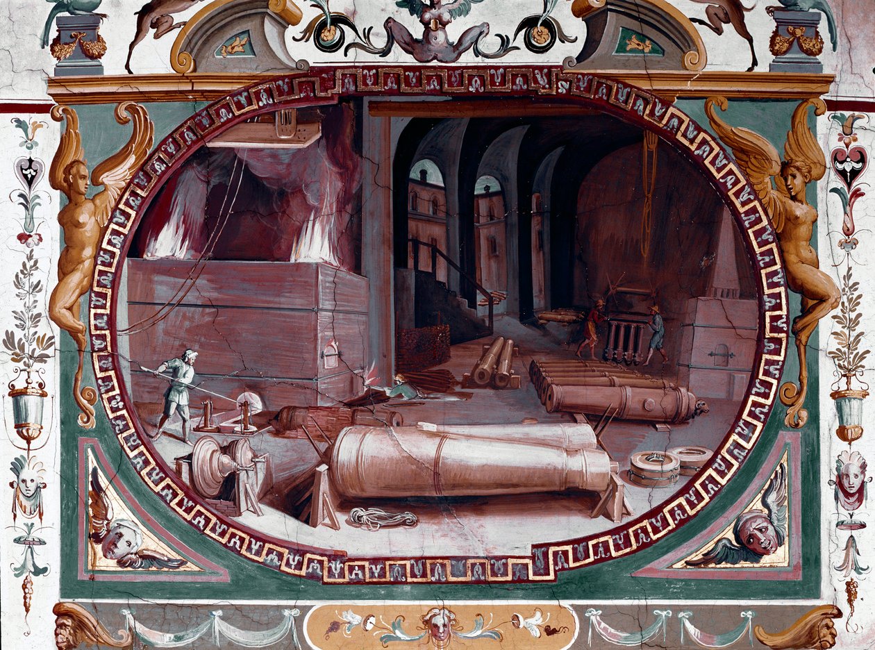 Asevalimon työpajan esitys. Fresko Bernardino Barbatelli dit Poccetti (1548-1612) Firenze, Uffizi Gallery (Uffizi) tekijältä Bernardino Barbatelli Poccetti