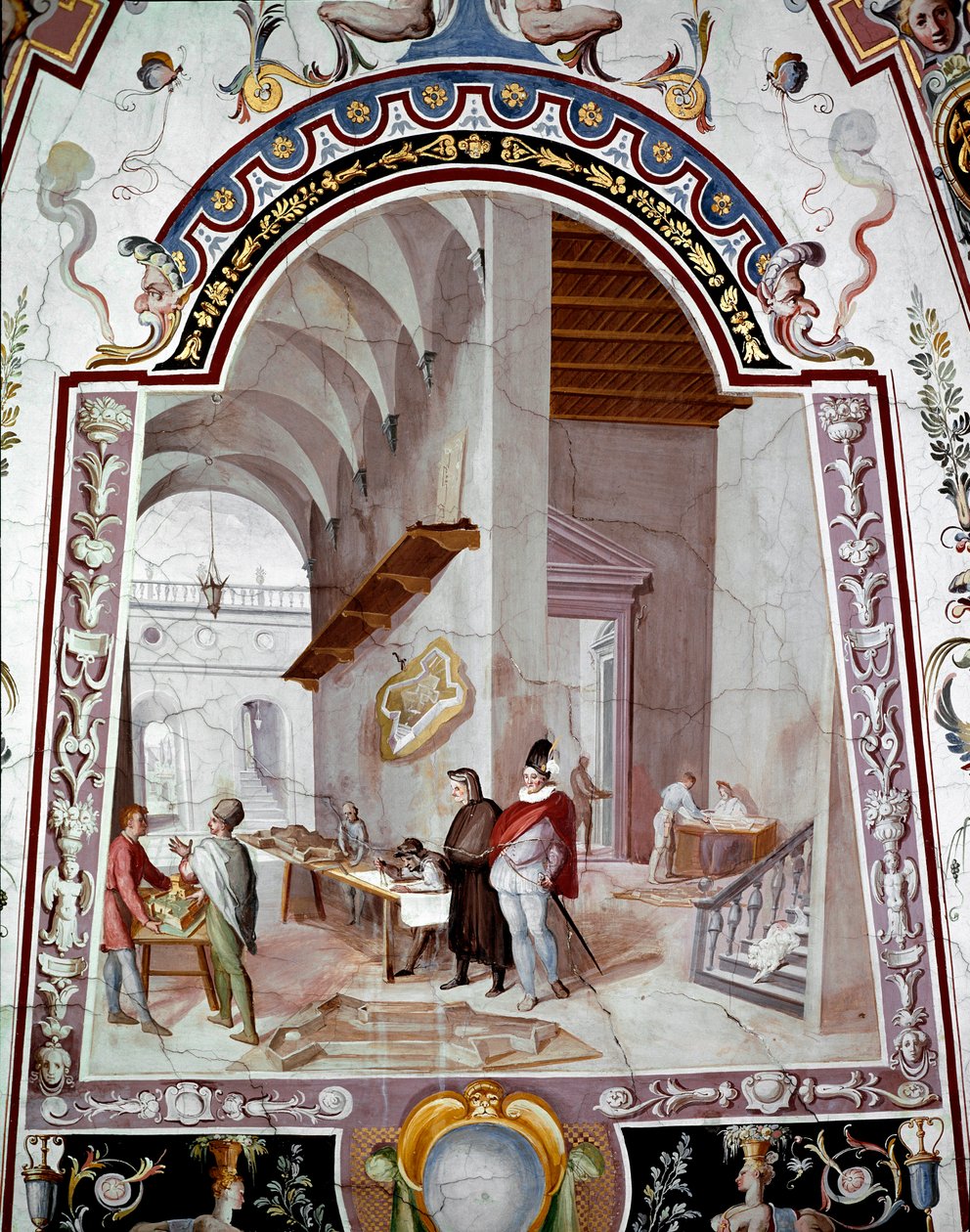 Näkymä arkkitehdin työpajasta. Fresko Bernardino Barbatelli dit il Poccetti (1548-1612) 1600-luvun Uffizi-galleria (toimistot) Firenze tekijältä Bernardino Barbatelli Poccetti
