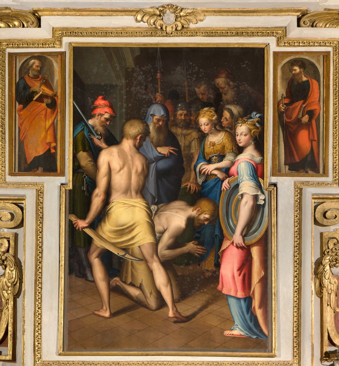 Neitsyt Marian kappeli, toinen jänne pohjoispuolella, Bernardino Campi, Kastajan dekolaatio 1569, Sivuilla Pietari ja Paavali 1520-30 tekijältä Bernardino Campi