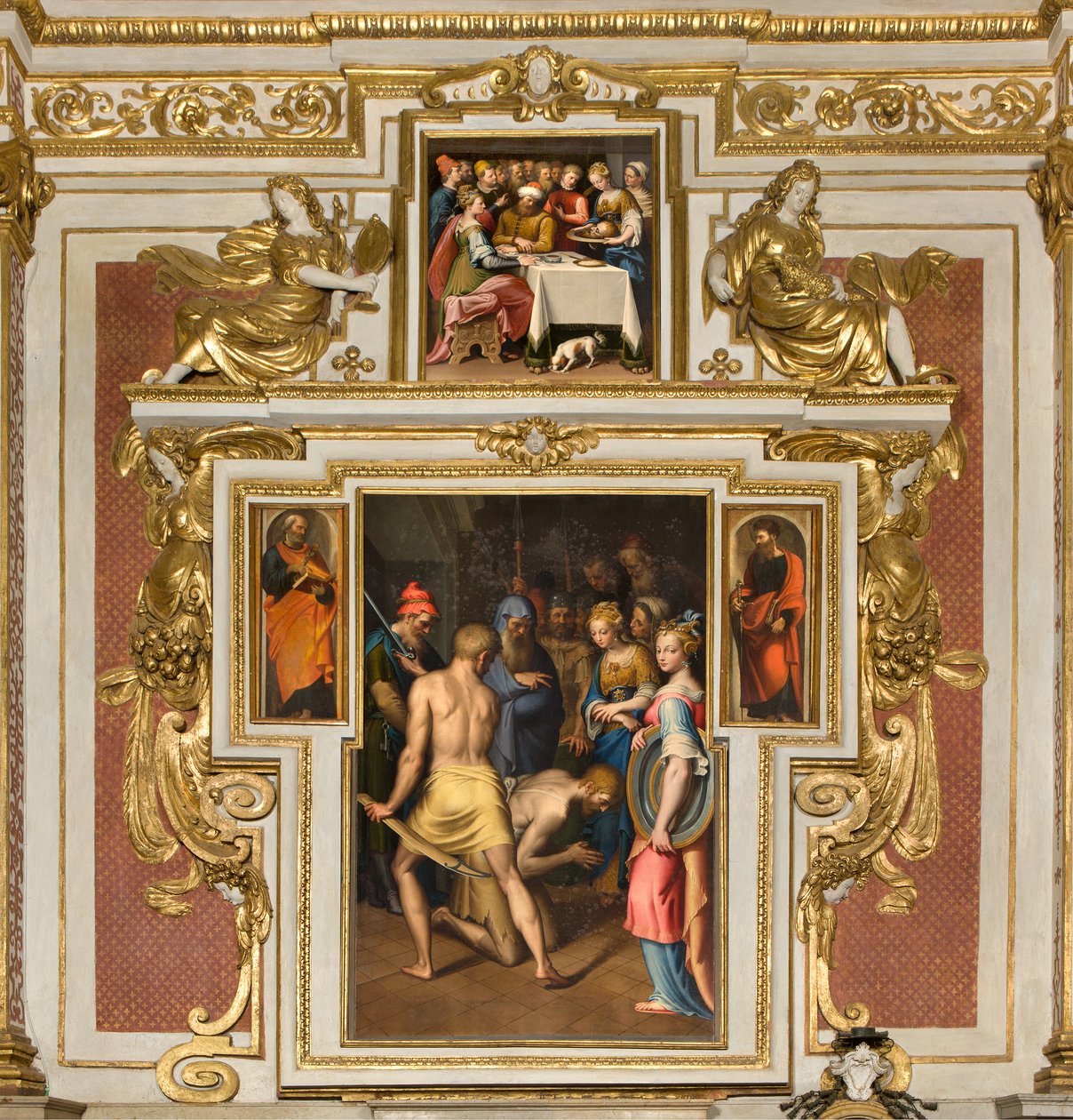 Neitsyt Marian kappeli, toinen jänne pohjoispuolella, Bernardino Campi, Kastajan dekolaatio 1569, Sivuilla Pietari ja Paavali 1520-30, Bernardino Campi, Herodeksen juhla 1569 tekijältä Bernardino Campi