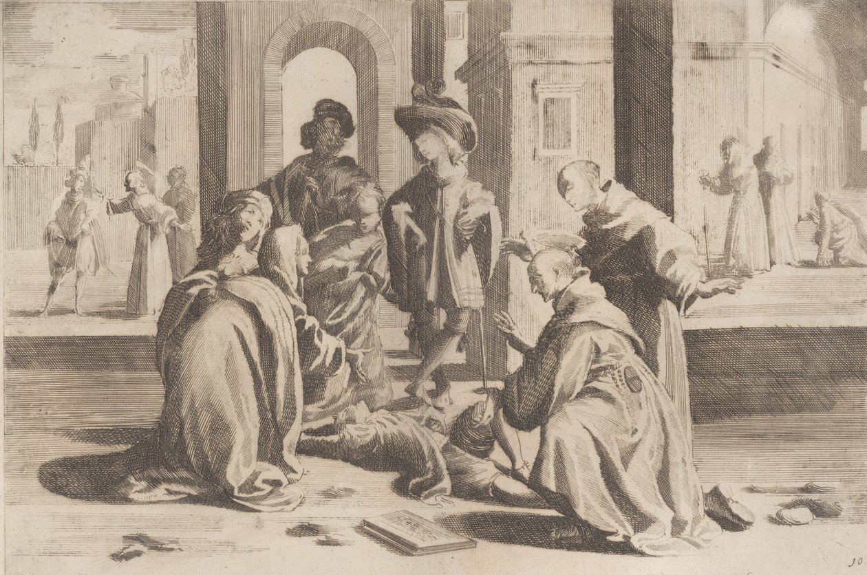 Jakso 25: Roomassa Saint Bernardino parantaa sairaan nuoren miehen, jakso 26: Saint Bern..., 1610-39. tekijältä Bernardino Capitelli