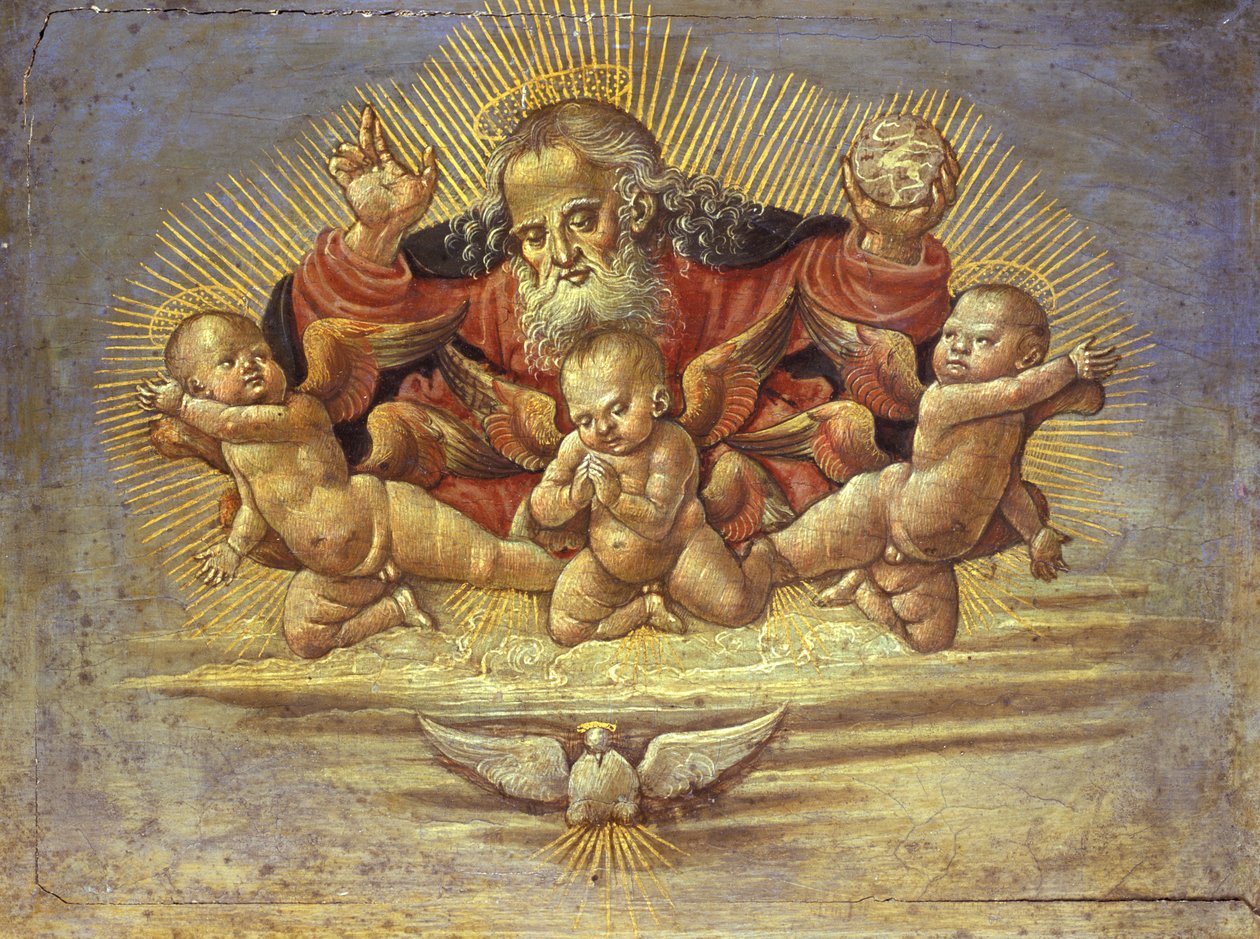 Osa alttaritaulusta, joka kuvaa Isä Jumalaa kolmen enkelin kanssa, n. 1500 (tempera puulla) tekijältä Bernardino Fungai