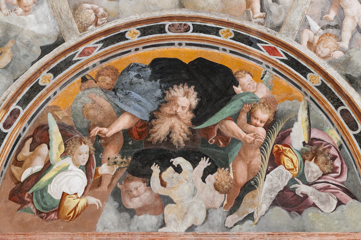 Enkelit ja putti, yksityiskohta Pyhän Katariinan marttyyrikuolemasta (fresko) tekijältä Bernardino Lanino