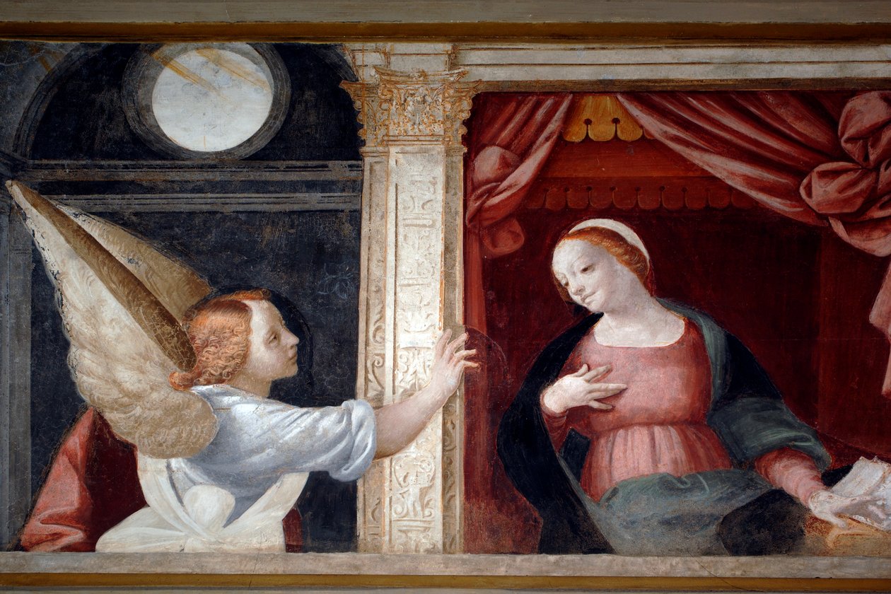 Ilmoitus, yksityiskohta Neitsytsyklistä (1553), Bernardino Laninon (1512-1583) fresko, alempi sakristi Novaran katedraalissa, Piemontessa, Italiassa tekijältä Bernardino Lanino