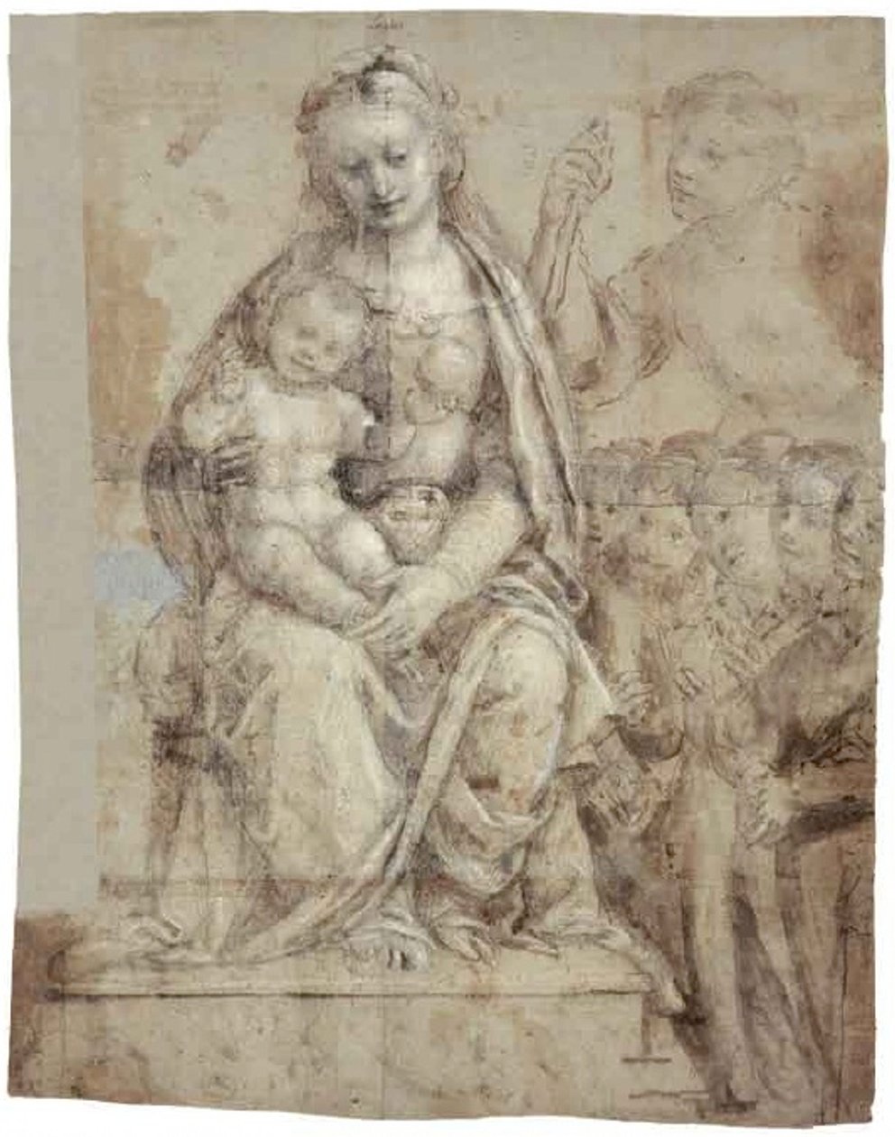 Madonna ja lapsi, soturipyhimys (Mikael) ja joukko palvojia. tekijältä Bernardino Lanino