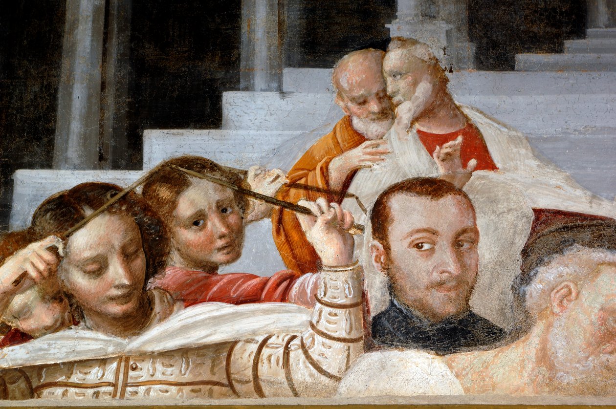 Mies- ja naishahmot, yksityiskohta Cycle of Virginista (1553), Bernardino Laninon (1512-1583) fresko, alempi sakristi Novaran katedraalissa, Piemontessa, Italiassa tekijältä Bernardino Lanino