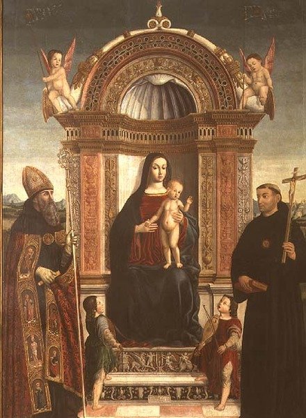 Madonna ja lapsi sekä Pyhä Nikolaos Tolentino ja Pyhä Augustinus tekijältä Bernardino Loschi