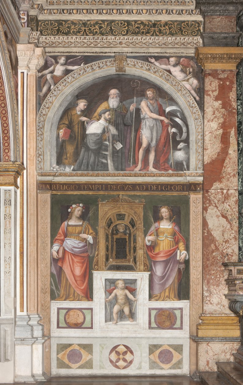 Alessandro Bentivoglio pyhimysten kanssa ja Pyhän Ruusun ja Pyhän Justinan alla (fresko) (yksityiskohta 3497192) tekijältä Bernardino Luini