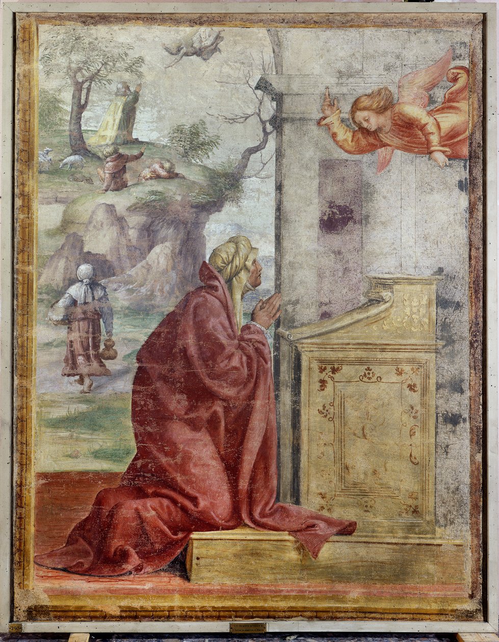 Julistus Pyhälle Annalle, taustalla Pyhä Joakim ja enkeli tekijältä Bernardino Luini