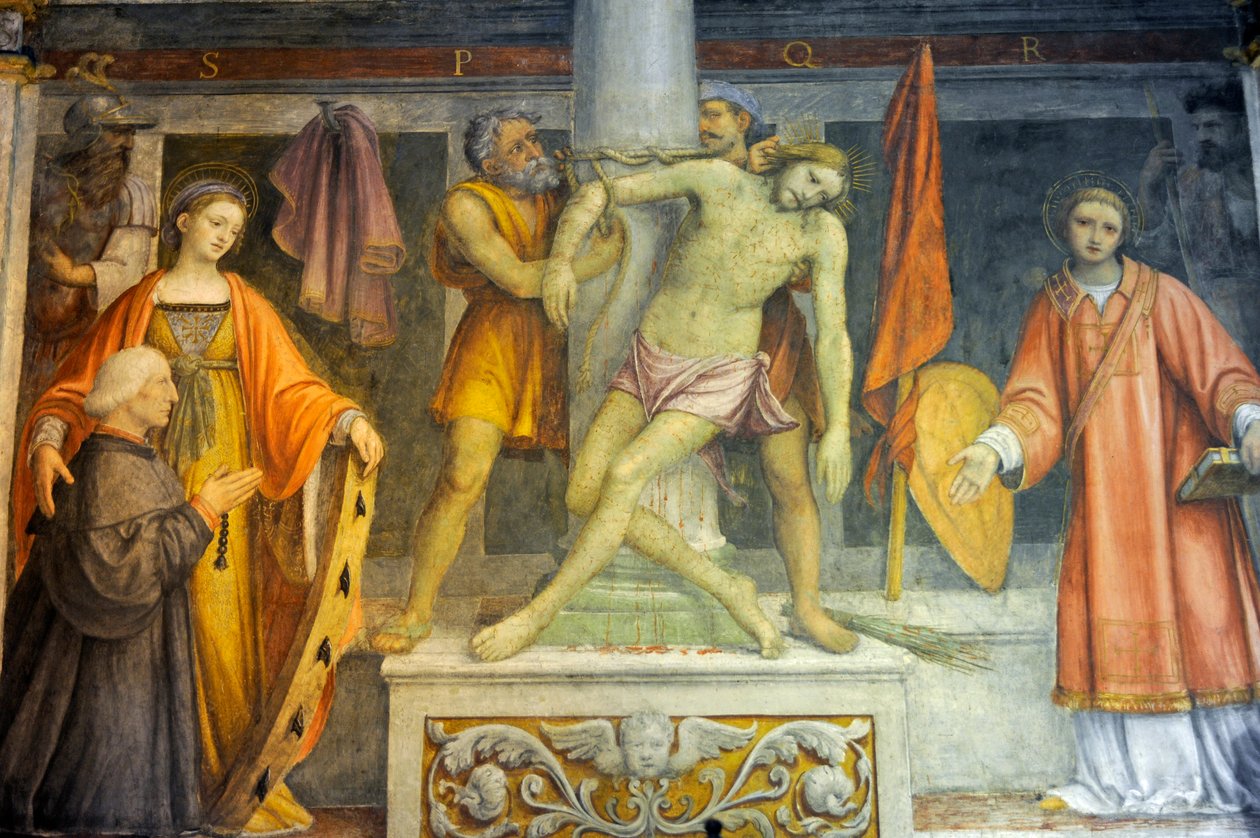 Jeesus sidottu pylvääseen, Bernardino Luinin fresko Saint Maurice kirkossa Maggioren luostarissa Milanossa Lombardiassa Italiassa tekijältä Bernardino Luini