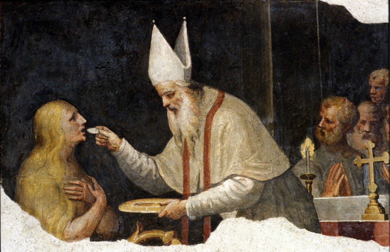Madeleinen ehtoollinen. Bernardino de Scapisin fresko nimeltä Bernardino Luini. 15-luvulla. Milanon kaupungin Sovrintenza tekijältä Bernardino Luini