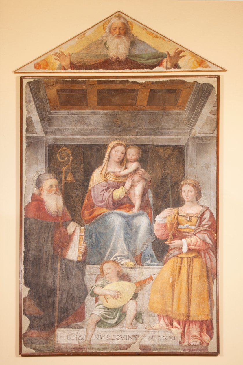 Madonna ja lapsi, St Anthony Great, St Barbara ja muusikkoenkeli tekijältä Bernardino Luini